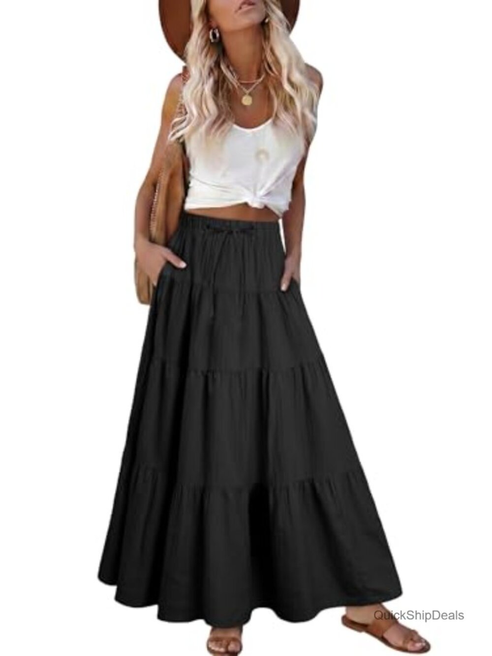 Women's Boho Flowy Tiered Ruffle Maxi Skirt A-Line High Waist